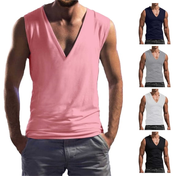 Mens Solid Deep V-Neck Tank Tops Muscle Deep V Neck Tank Tops Low Cut Sleeveless Shirts for Men Summer Fashion Clothes Navy, Size L