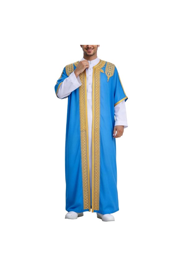 Mens Solid Embroidered Cardigan Short Sleeve Crew Neck Gold Trim Middle Eastern Style Formal Casual Wear Ankle Length Blue 54