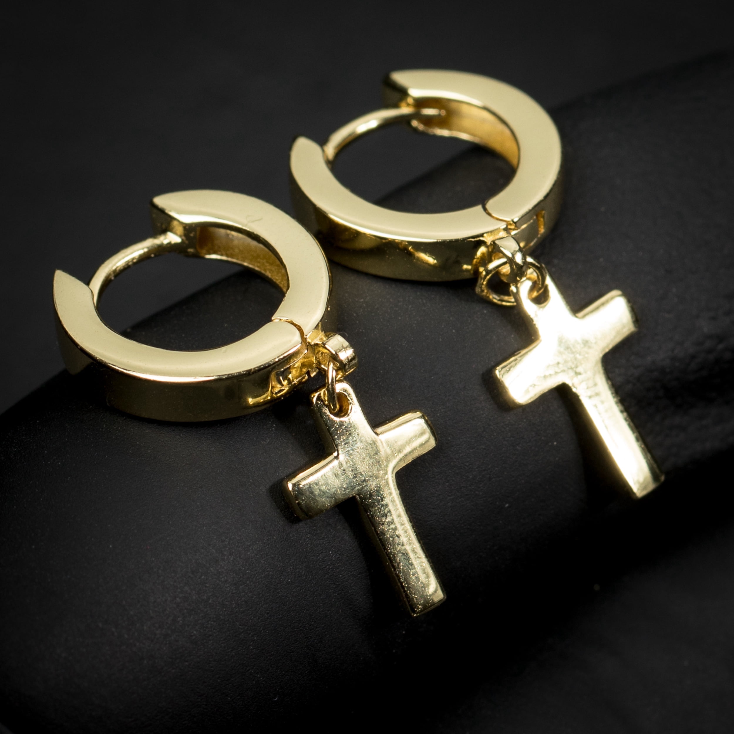 Solid Yellow Gold Plated 925 Sterling Silver Post Drop Dangle Cross Huggie Hoop Earrings  Small 12mm Huggie Hoops Dangling Earrings