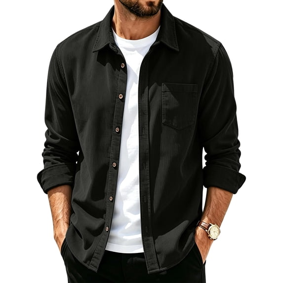 Mens Solid Lapel Collar Long Sleeve Shacket, Loose Casual Button Down Shirt Jacket, Autumn Chest Pocket Outerwear Top