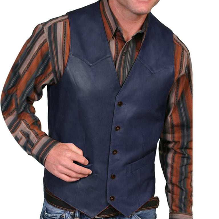 Mens Solid Leather V Neck Pocket Retro Color Vest Blouse With