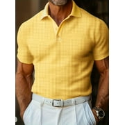 Mens Solid Polo Shirts Short Sleeve Fashion Textured Polo Shirt Regular Fit Stretchy Golf Shirts Yellow XL