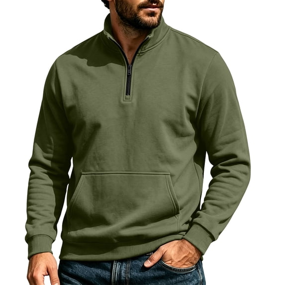 Mens Solid Quarter Zip Stand Collar Pullover, Long Sleeve Casual Sweatshirt with Front Pocket, Comfort Lightweight Tops
