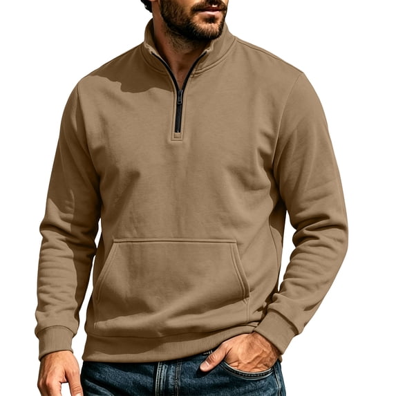 Mens Solid Quarter Zip Stand Collar Pullover, Long Sleeve Casual Sweatshirt with Front Pocket, Comfort Lightweight Tops