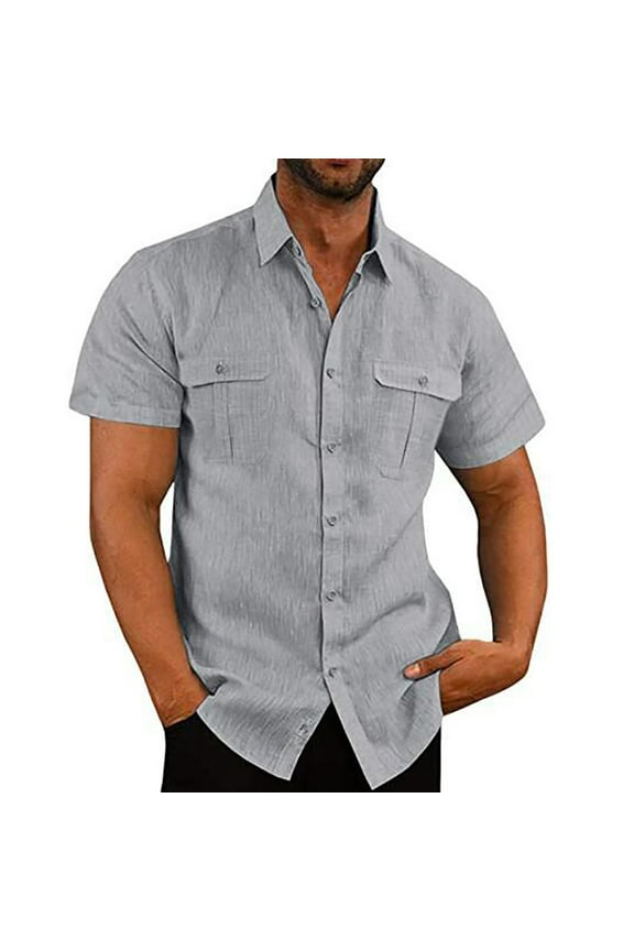 Mens Solid Short Sleeve Shirts Cotton Casual Button Down Turndown Collar Tee Shirts with Double Pockets