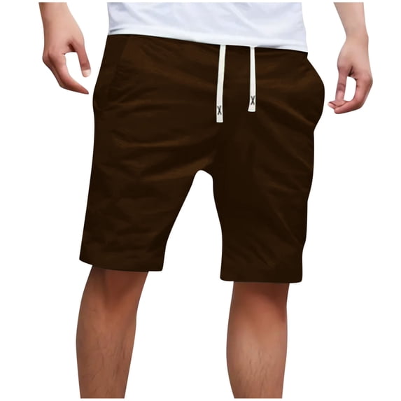 Mens Solid Shorts Drawstring Elastic High Waist Cotton Blend Casual Shorts with Pockets Brown,L