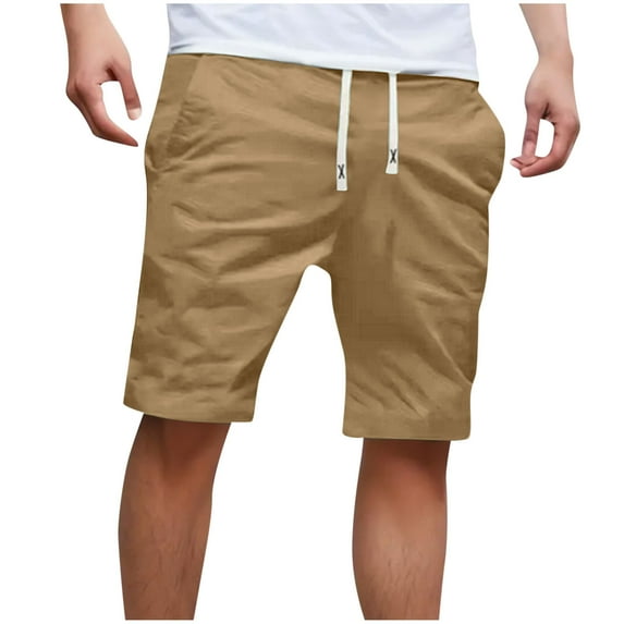 Mens Solid Shorts Drawstring Elastic High Waist Cotton Blend Casual Shorts with Pockets Khaki,XXXL