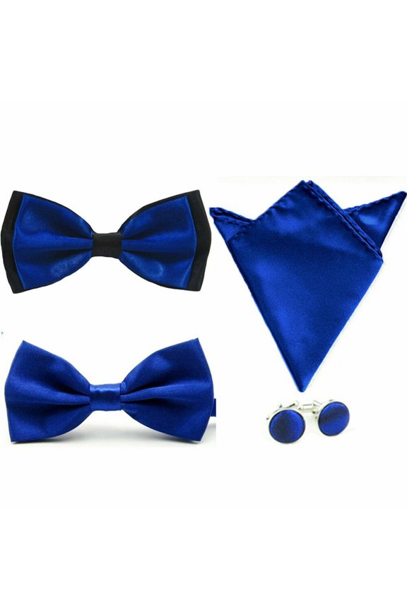 Mens Solid Stain Pre-tied Tuxedo Bow Tie Cufflinks Pocket Square Hanky Set