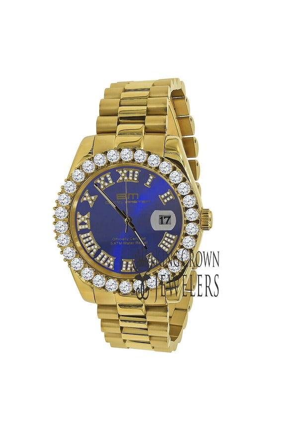 Mens Solid Stainless Steel 18K Gold Tone 42 mm Blue Dial Diamond President Watch W/Date