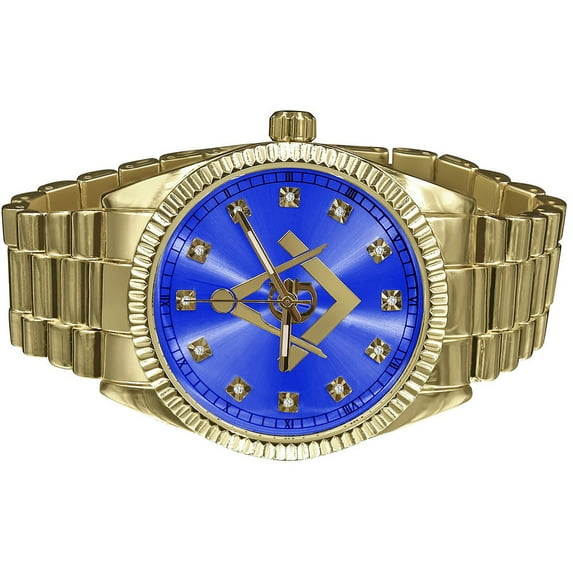 Mens Solid Stainless Steel Back Blue Dial 40mm Gold Tone Freemason G Compass Masonic Metal Band Wrist Watch
