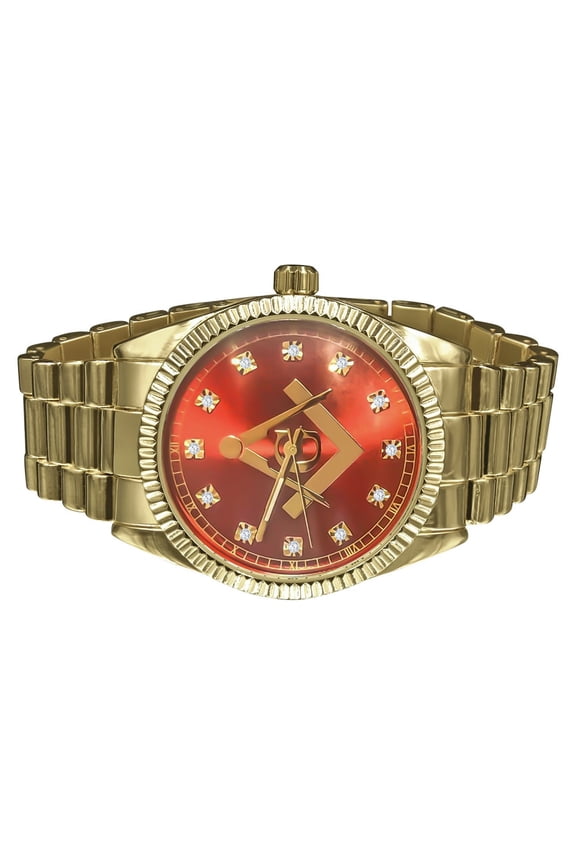 Mens Solid Stainless Steel Back Red Dial 40mm Gold Tone Freemason G Compass Masonic Metal Band Wrist Watch