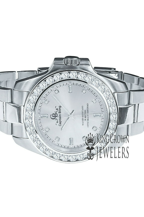 Mens Solid Steel Silver Dial Simulated Diamonds 18K White Gold Tone Watch 42mm