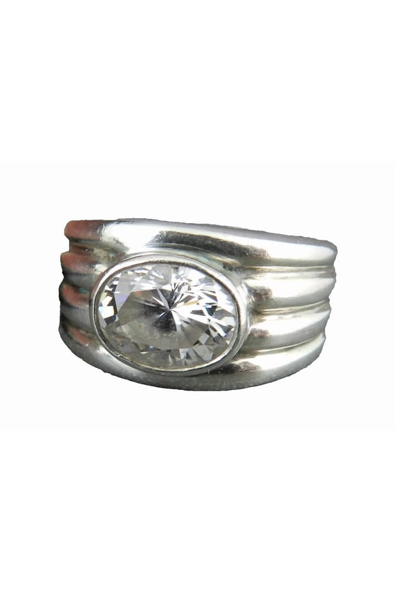 Mens Solitaire Ring, Mens Ridged Wide Shank Ring, Mens East West Oval Cut Diamond Engagement Ring, Bezel Set Diamond Ring, 14K White Gold Plated, 2.0 Ct Simulated Diamond, Gift Ring For Him