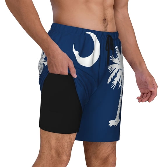 Mens South Carolina Flag Swimming Trunks with Compression Liner Beach Quick Dry Swim Shorts