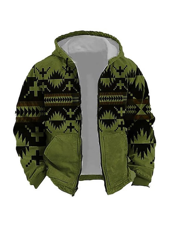 Mens Southwestern Print Hoodie Long Sleeve Zip Sweatshirts Geometric Pattern Front Pockets Drawstring Hood Jacket Green M