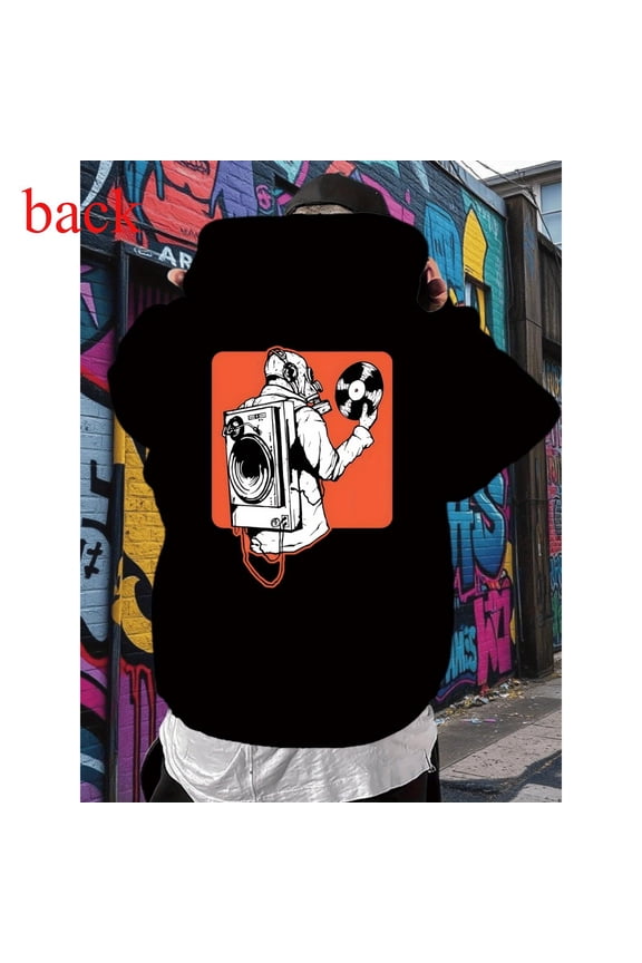 Mens Space Music Graphic Hoodie Astronaut Pullover Commuting Cotton Hooded long-sleeved Black S-2XL