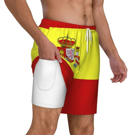 Mens Spanish Flag 2 in 1 Quick Dry Swim Trunks with Compression Liner Beach Shorts