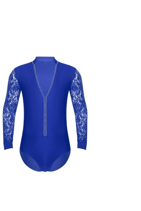 Mens Sparkling Rhinestones Latin Ballroom Dance Performance Costume Long Sleeves Bodysuit Shirt Tango Latin Leotard Costume