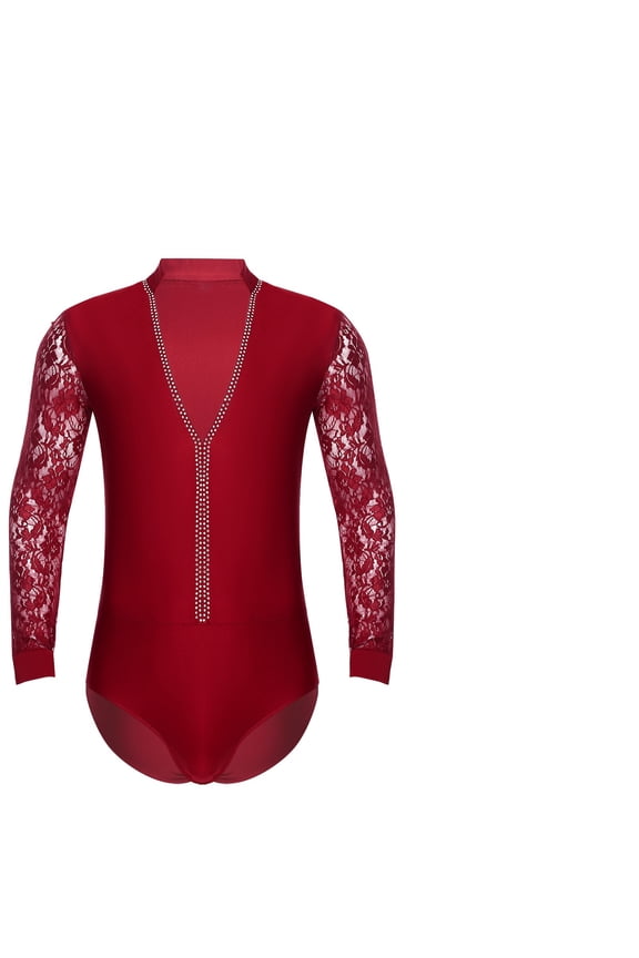 Mens Sparkling Rhinestones Latin Ballroom Dance Performance Costume Long Sleeves Bodysuit Shirt Tango Latin Leotard Costume