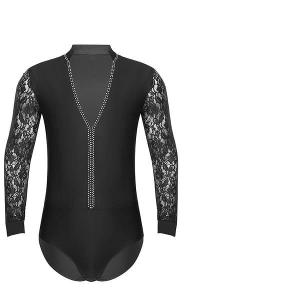 Mens Sparkling Rhinestones Latin Ballroom Dance Performance Costume Long Sleeves Bodysuit Shirt Tango Latin Leotard Costume