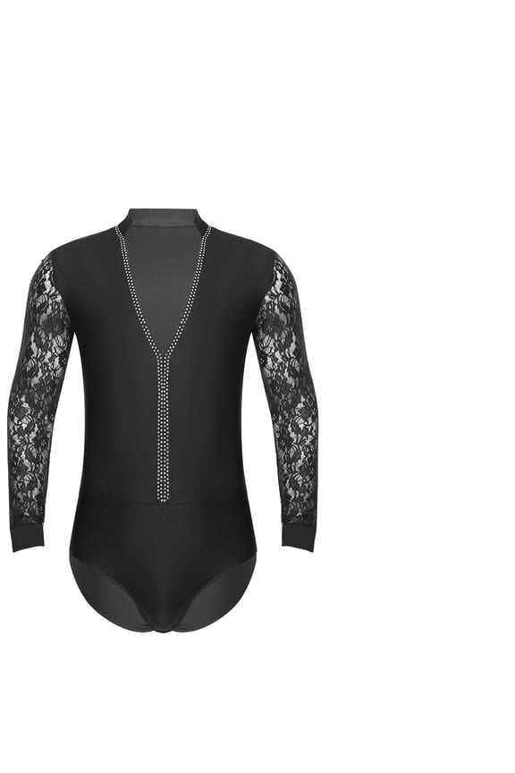 Mens Sparkling Rhinestones Latin Ballroom Dance Performance Costume Long Sleeves Bodysuit Shirt Tango Latin Leotard Costume