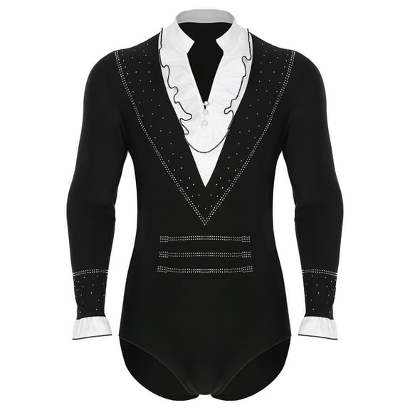 Mens Sparkly Rhinestone Gymnastics Skating Leotard Jumpsuit Long Sleeve Bodysuit Ballet Latin Dance Performance Costume