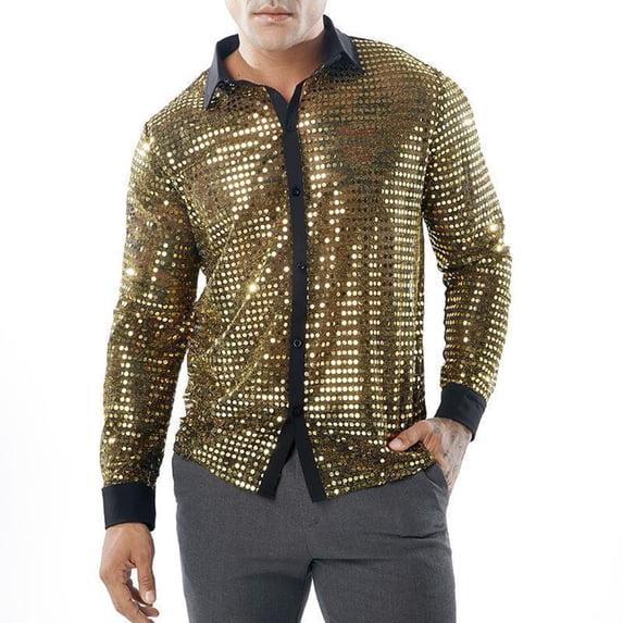 Mens Sparkly Sequin Shirt 70s Costumes Button Front Shirt Party Sheer Mesh Long Sleeve Shirt Tops (Gold,S)