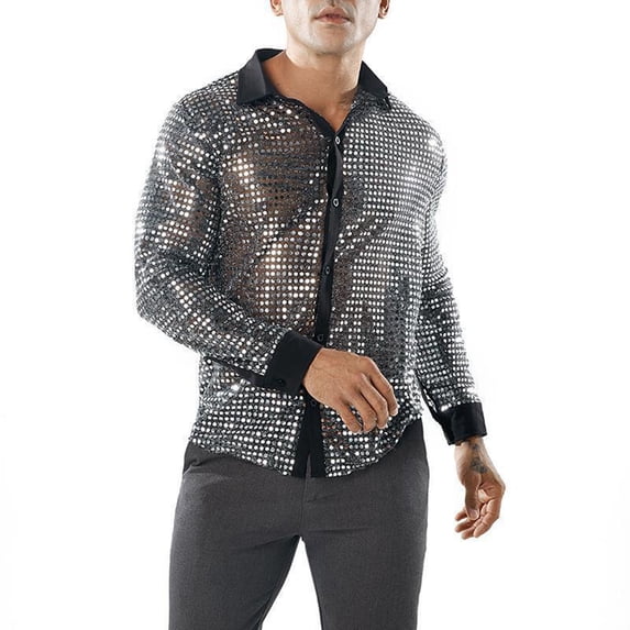 Mens Sparkly Sequin Shirt 70s Costumes Button Front Shirt Party Sheer Mesh Long Sleeve Shirt Tops (Silver,L)