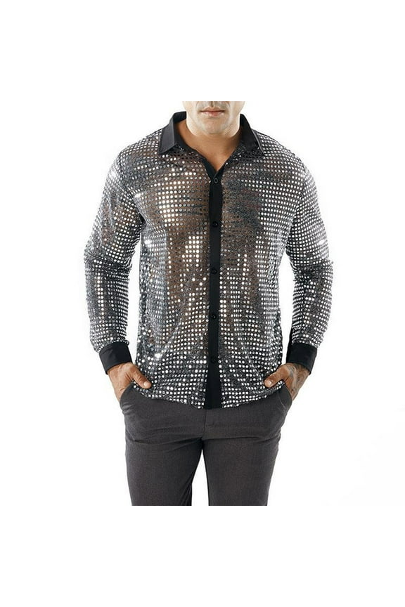 Mens Sparkly Sequins Party Dance Shirts Retro 70s Disco Nightclub Shirt Tops