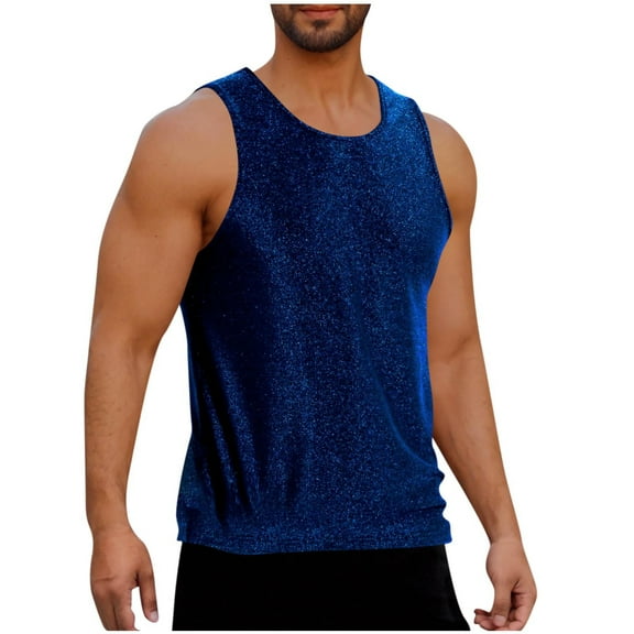 Mens Sparkly Tank Tops, Sleeveless Shirts for Men Summer Fashion Loose Fit Shiny Solid Color Crewneck Workout Tees