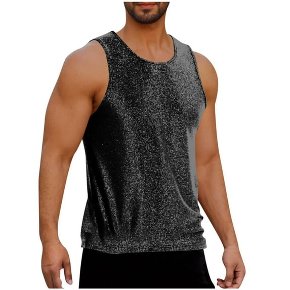 Mens Sparkly Tank Tops, Sleeveless Shirts for Men Summer Fashion Loose Fit Shiny Solid Color Crewneck Workout Tees