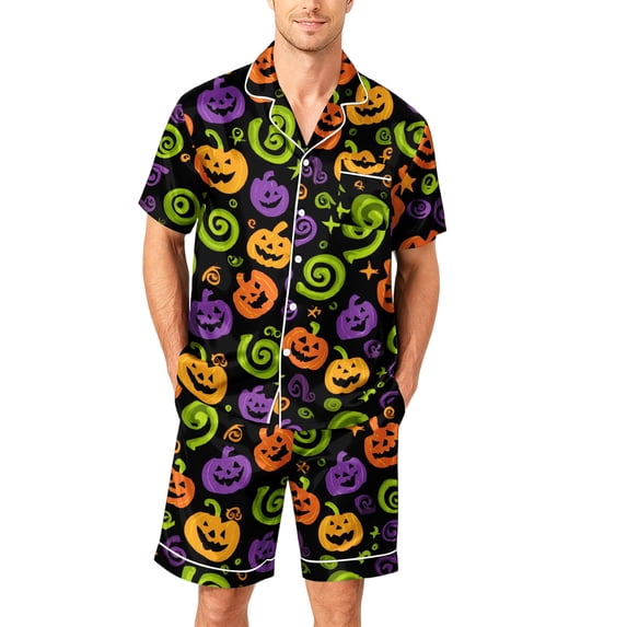 Mens Spooky Halloween Pajamas Set Short Sleeve Button Up Sleepwear Shirt and Shorts Jack O Lantern Print Lounge PJs