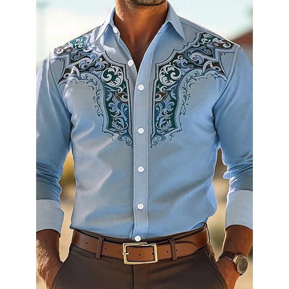 Mens Sport Western Two Pocket Long Sleeve Snap Shirt Country Shirt Slim Fit Button Down Shirt Casual Work Shirt Blue 3XL