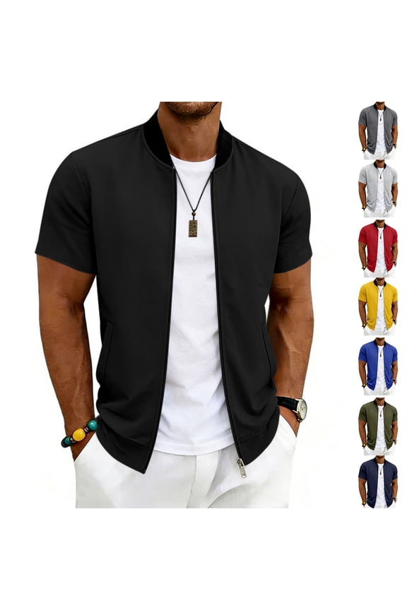 Mens Sports Short-Sleeve Flight Zip-Up Baseball Jacket Casual Softshell Varsity Jacket Lightweight Vintage Fall Coat with Pockets, XL