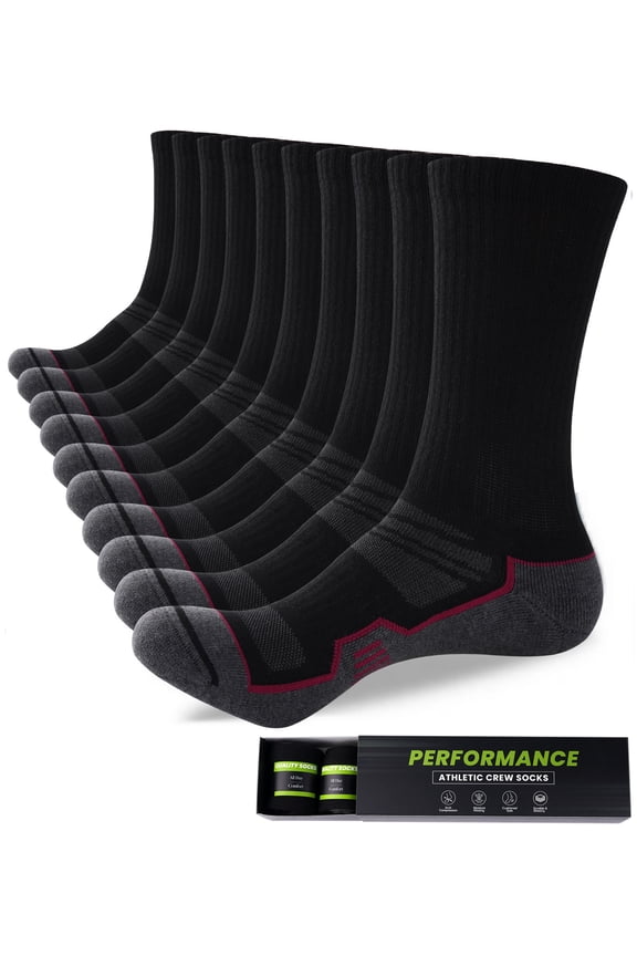 Mens Sports Socks Man BLACK Cushioned Work Socks Breathable Moisture Wicking Crew Sock for Hiking Running Walking Trainer Cycling Athletic Socks, 5 Pairs