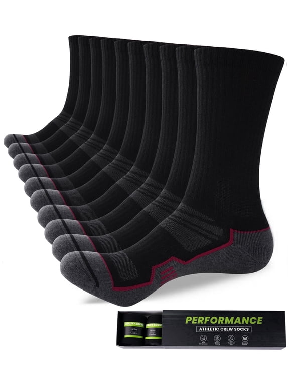 FREEYOKA Mens Sports Socks Man BLACK Cushioned Work Socks Breathable Moisture Wicking Crew Sock for Hiking Running Walking Trainer Cycling Athletic Socks, 5 Pairs