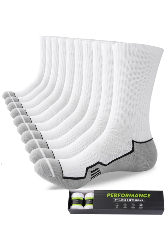 Mens Sports Socks Man White Cushioned Work Socks Breathable Moisture Wicking Crew Sock for Hiking Running Walking Trainer Cycling Athletic Socks, 5 Pairs