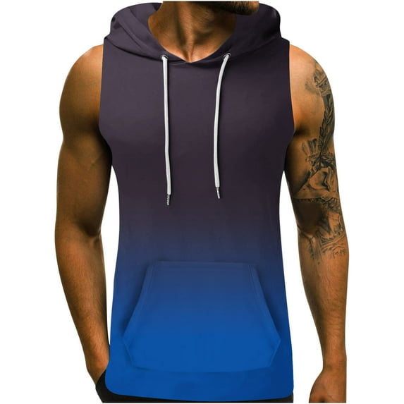 Mens Sports Training Tank Tops with Hood Fashion Gradient Color Front Pocket Fitness Gym Workout Sleeveless Tee Tops