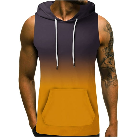 Mens Sports Training Tank Tops with Hood Fashion Gradient Color Front Pocket Fitness Gym Workout Sleeveless Tee Tops