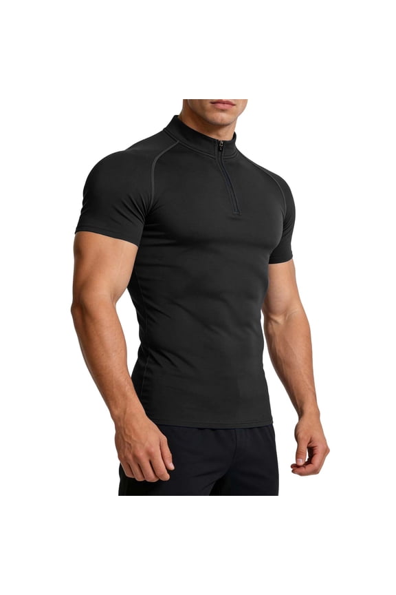 Mens Sports Tshirt Quarter Zip Compression Tee Shirt Men's Black Mock Neck Raglan Sleeve Athletic Tops Stretchy Workout Fitness Training T-Shirts Black L
