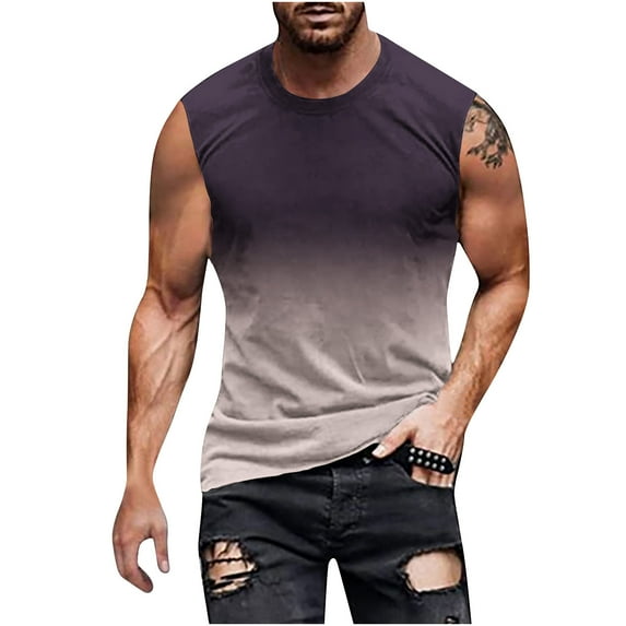 Mens Sporty Sleeveless Muscle Tank Tops Gradient Color Ombre Gym Tee Casual Workout Crewneck Summer Tshirt Tops