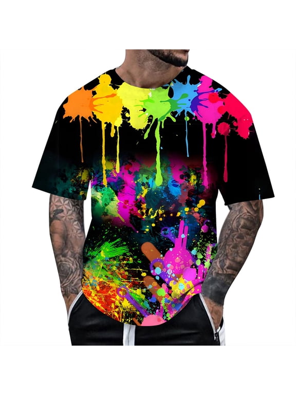 Mens Spring Autumn All Print Short Sleeve Round Neck T Shirt Floral Trend Bottoming Shirt Tops Clothes