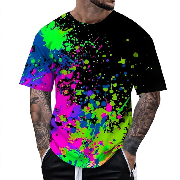 Mens Spring Autumn All Print Short Sleeve Round Neck T Shirt Floral Trend Bottoming Shirt Tops Clothes