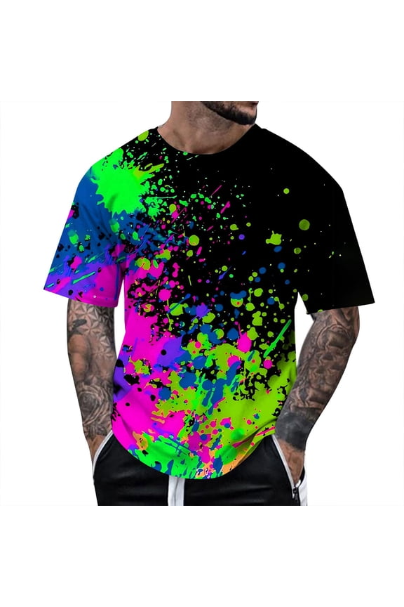 Mens Spring Autumn All Print Short Sleeve Round Neck T Shirt Floral Trend Bottoming Shirt Tops Clothes