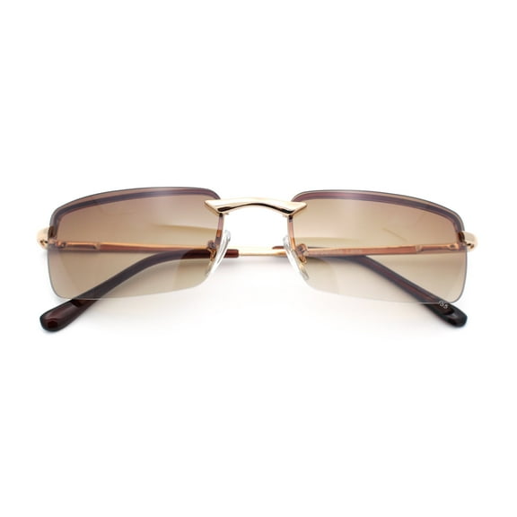 Mens Spring Hinge Narrow Rectangular Rimless Classy Metal Rim Sunglasses Gold - Brown