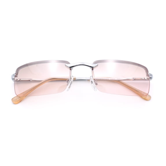 Mens Spring Hinge Narrow Rectangular Rimless Classy Metal Rim Sunglasses Silver - Pink