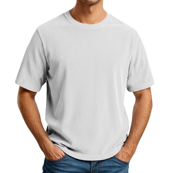Mens Spring Shirt Corduroy Crewneck Soft Textured Short Sleeve Comfort Mens Knit Tops,White,5XL