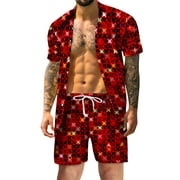 Mens Spring Summer Casual Beach Casual Buttoned Short Sleeve Shirt Printed Shorts Set Tux for Men
