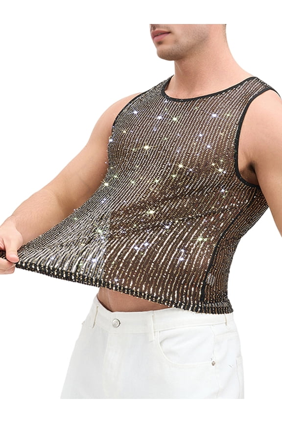 Mens Spring Summer Party Rhinestone Glitter Sleeveless Top Festival Trendy Versatile Undershirt Gold XXL
