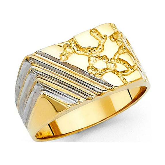 Mens Square Nugget Ring Solid 14k Yellow Gold Band Diamond Cut Textured Large Two Tone 12MM Size 9.5